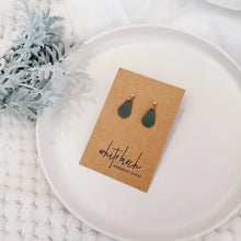 Load image into Gallery viewer, Mini Sage Green Leather Teardrop &amp; Brass Stud Drop Earrings
