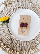 Load image into Gallery viewer, Burgundy Leather &amp; Brass Sunburst Geometric Earrings
