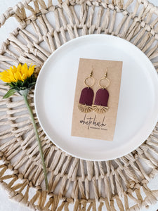Burgundy Leather & Brass Sunburst Geometric Earrings