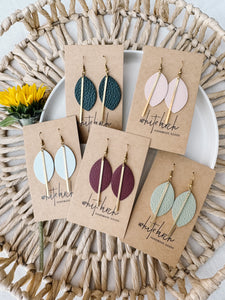 Dark Green Leather Petal and Brass Bar Earrings