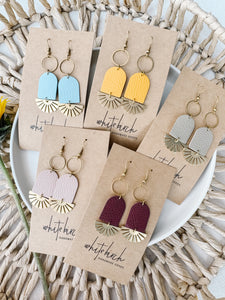 Blush Pink Leather & Brass Sunburst Geometric Earrings