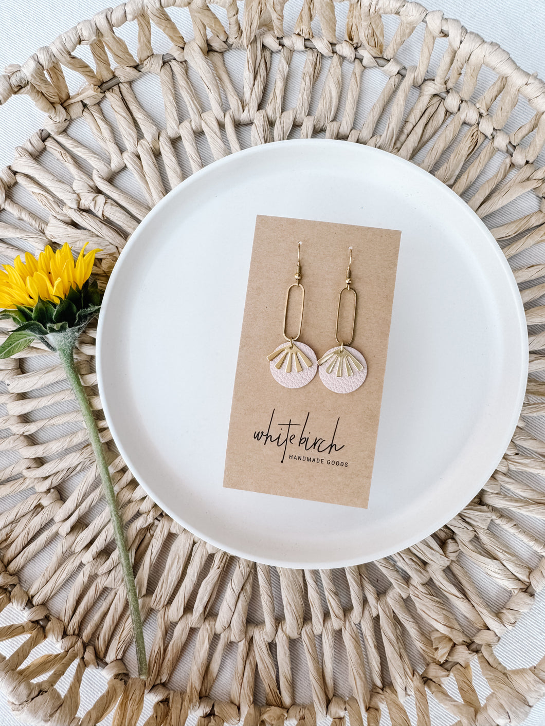 Blush Pink Leather & Brass Sunburst Geometric Earrings