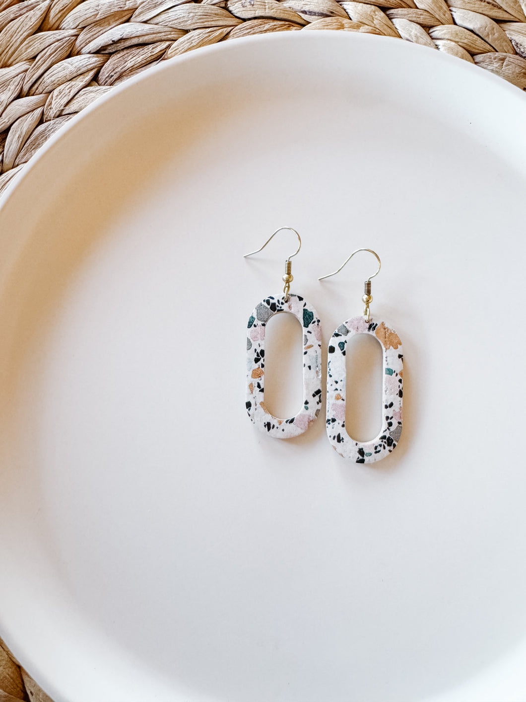*SALE* Terrazzo Cork Ovals Earrings With Raw Brass Hooks
