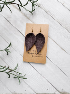 *SALE* Dark Purple Leather Small Leaf Earrings With Raw Brass Hook