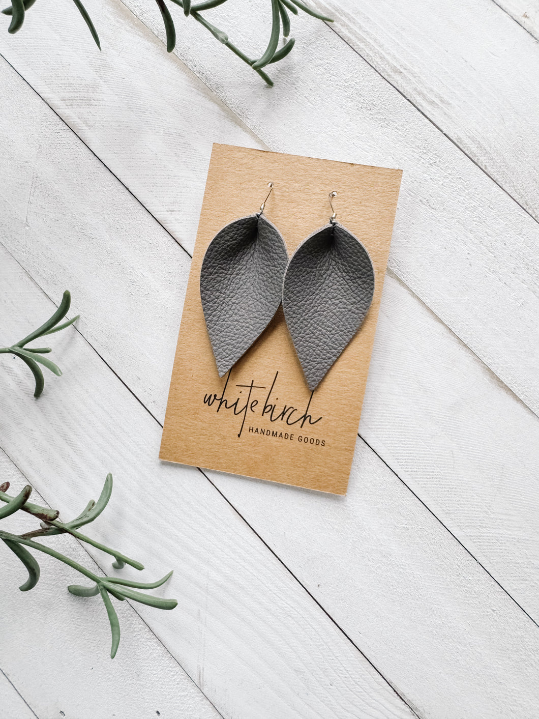 *SALE* Smoky Grey Leather Small Leaf Earrings With Silver Hook