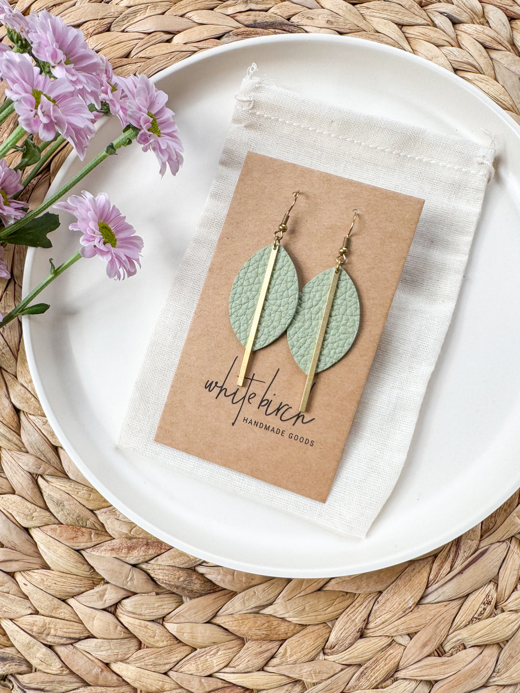 Cottage Mint Leather Petal and Brass Bar Earrings