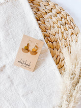 Load image into Gallery viewer, Small London Tan Leather Half Moon Earrings With Brass Tiny Disc
