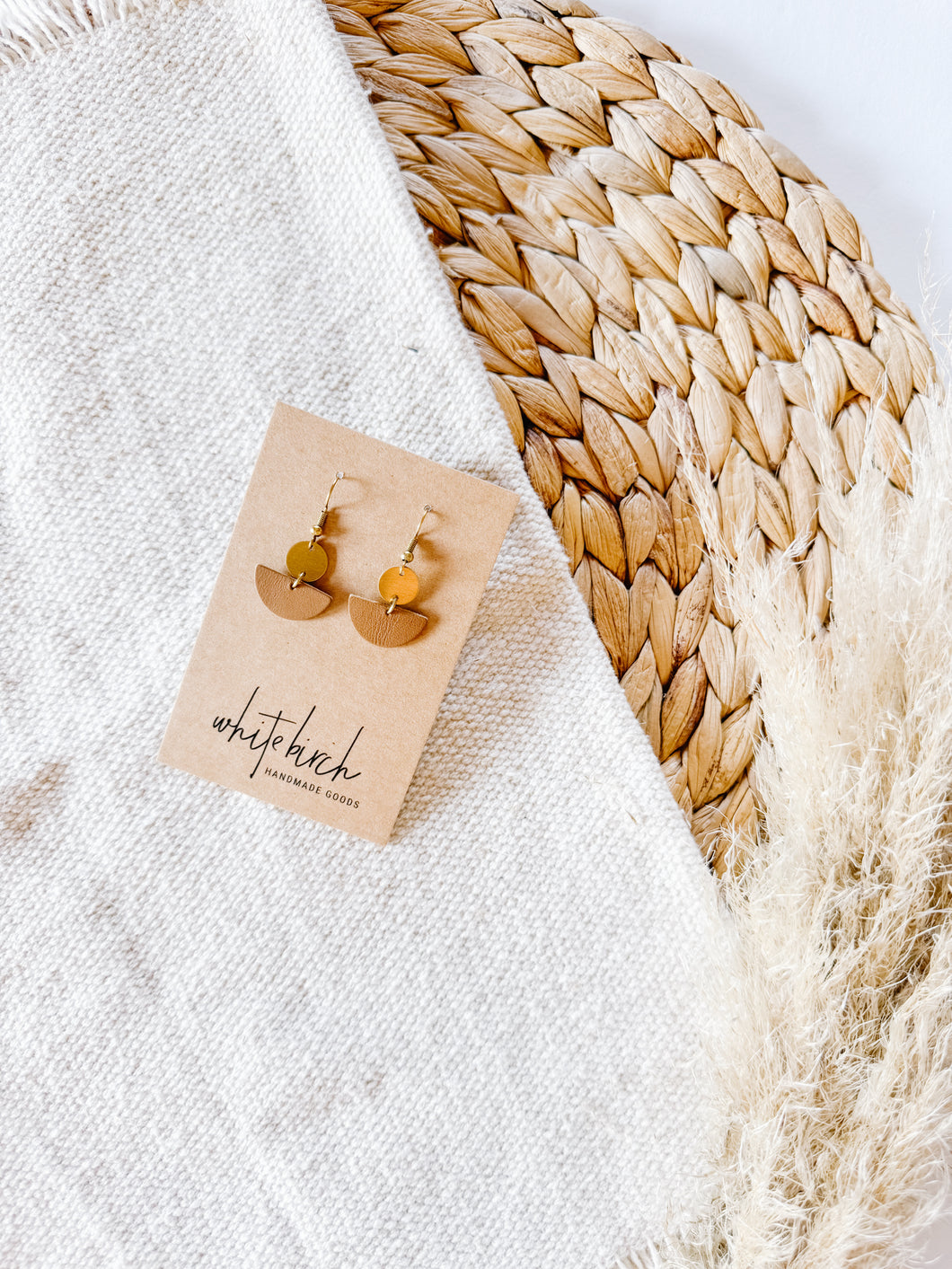 Small London Tan Leather Half Moon Earrings With Brass Tiny Disc