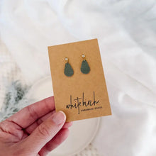 Load image into Gallery viewer, Mini Sage Green Leather Teardrop &amp; Brass Stud Drop Earrings
