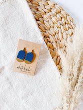 Load image into Gallery viewer, Cobalt Blue Leather &amp; Mini Brass Half Moon Geometric Earrings
