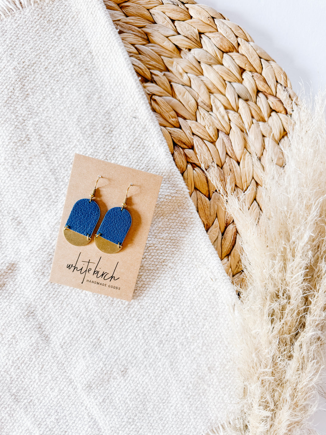 Cobalt Blue Leather & Mini Brass Half Moon Geometric Earrings