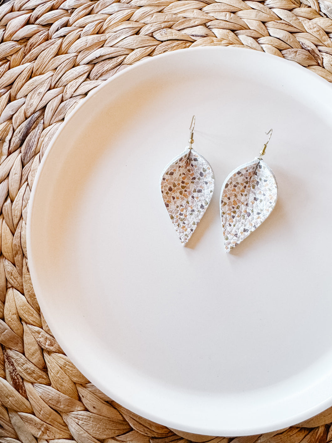 *SALE* Granite Terrazzo Small Leaf Earrings With Raw Brass Hooks