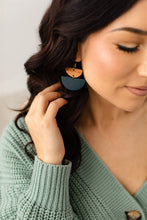 Load image into Gallery viewer, Dark Teal Leather &amp; Light Cherry Wood Half Moon Stacked Dangle Earrings
