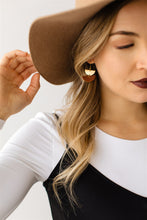 Load image into Gallery viewer, Mini Russet Leather Half Moon and Brass Earrings
