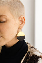 Load image into Gallery viewer, Large Black Leather &amp; Brass Half Moon Stacked Statement Earrings
