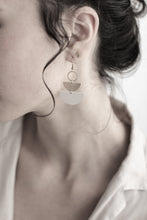 Load image into Gallery viewer, Mini Brown Leather &amp; Brass Stacked Half Moon Dangle Earrings
