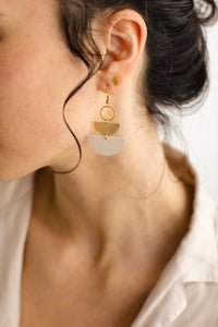 Mini Beige Leather & Brass Stacked Half Moon Dangle Earrings