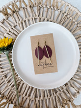 Load image into Gallery viewer, Burgundy Leather Petal and Brass Bar Earrings

