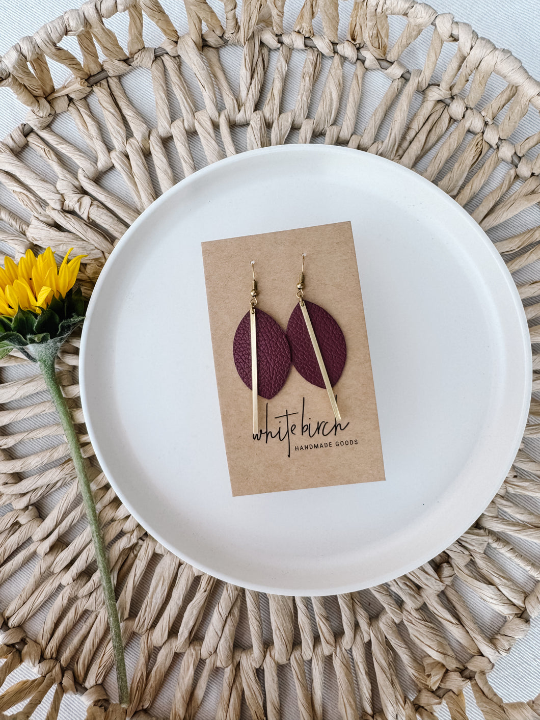 Burgundy Leather Petal and Brass Bar Earrings