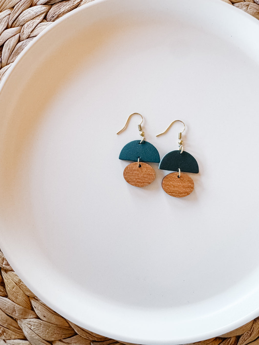 *SALE* Teal Leather Half Moon and Wood Accent Earrings With Raw Brass Hooks