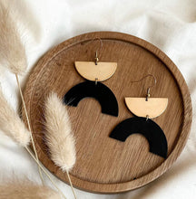 Load image into Gallery viewer, Black Leather Arc &amp; Brass Half Moon Earrings
