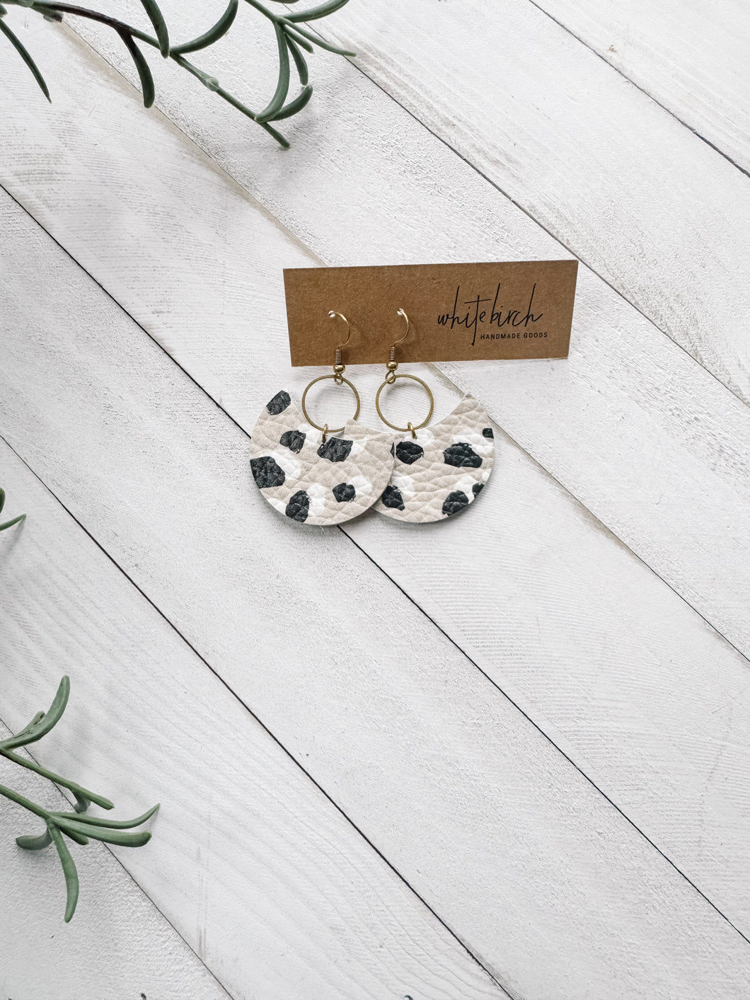 *SALE* Boho Earth Tone Crescent Leather & Brass Circle Earrings With Raw Brass Hooks