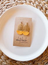 Load image into Gallery viewer, *SALE* Brass Rainbow and Mustard Leather Half Moon Earrings With Raw Brass Hooks
