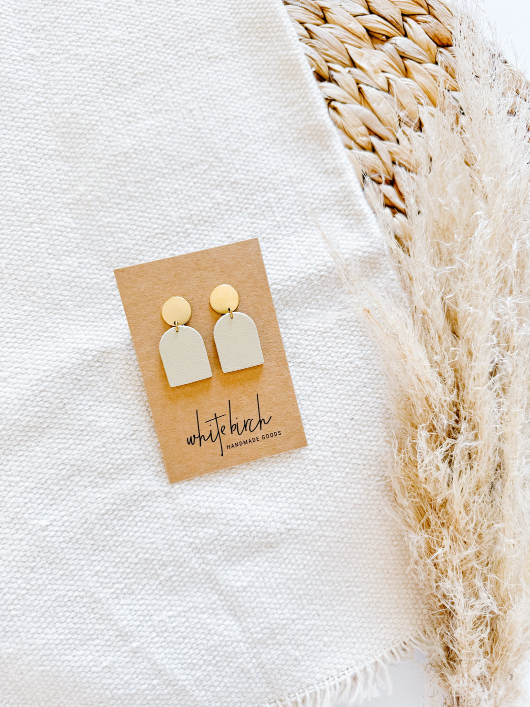 Cream Leather Earrings with Brass Circle Post