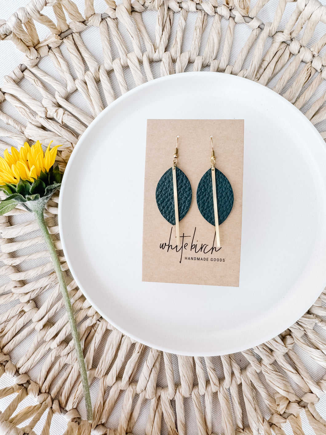 Dark Green Leather Petal and Brass Bar Earrings