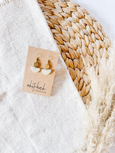 Load image into Gallery viewer, Small Cream Leather Half Moon Earrings With Brass Tiny Disc Accent
