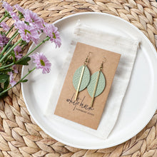 Load image into Gallery viewer, Cottage Mint Leather Petal and Brass Bar Earrings
