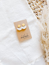 Load image into Gallery viewer, Mini White Sunburst Leather Half Moon and Brass Circle Post Earrings
