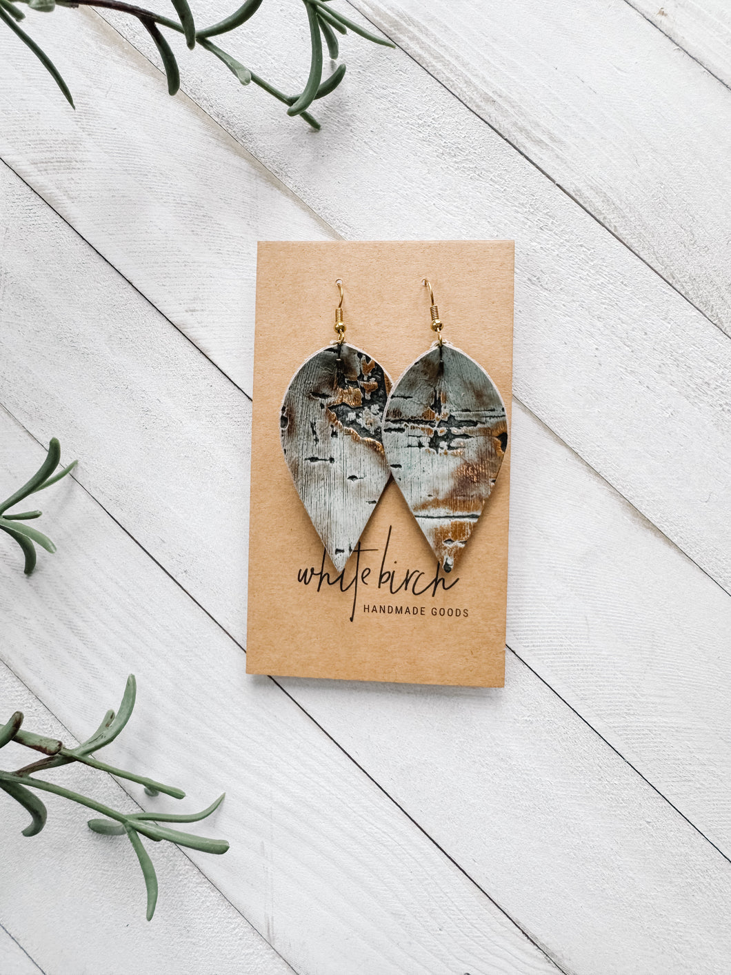 *SALE* Distressed Turquoise and Gold Leather Small Leaf Earrings With Raw Brass Hook
