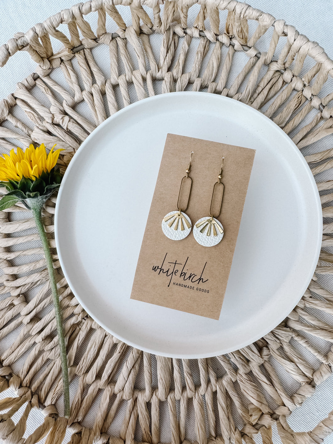 Beige Leather & Brass Sunburst Geometric Earrings