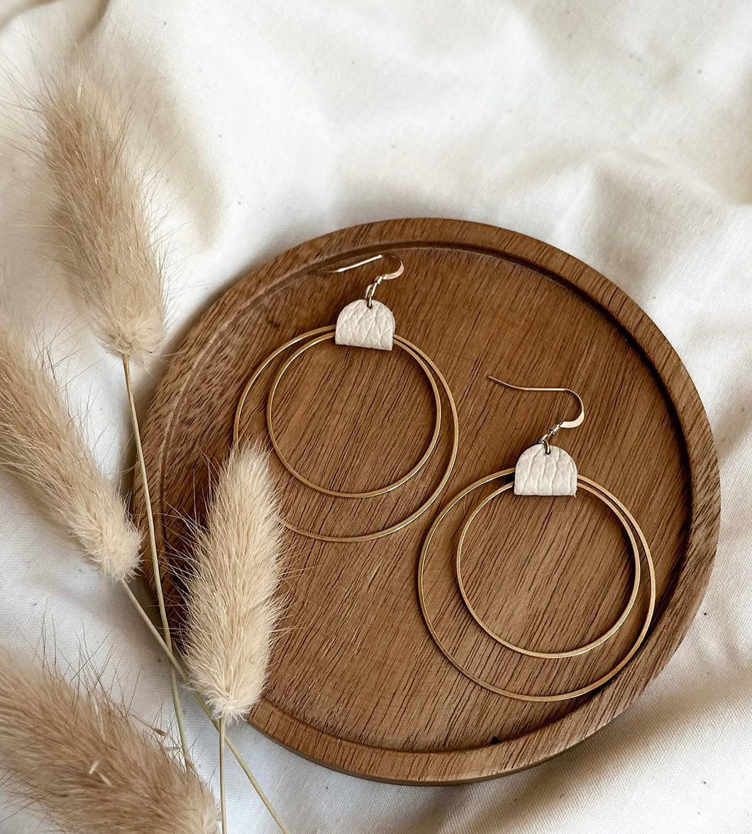 Distressed Beige Leather & Brass Circles Earrings