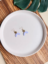 Load image into Gallery viewer, Vibrant Lavendar Leather Arch and Tiny Brass Disc Earrings
