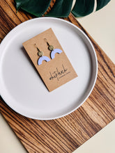 Load image into Gallery viewer, Vibrant Lavendar Leather Arch and Tiny Brass Disc Earrings
