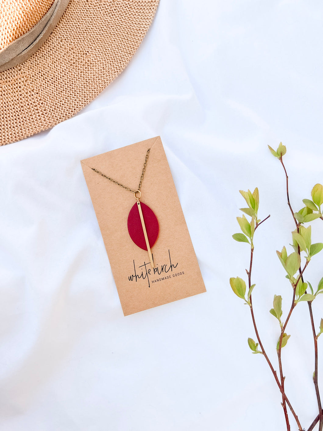 SALE - Cherry Red Leather Petal and Brass Bar Necklace