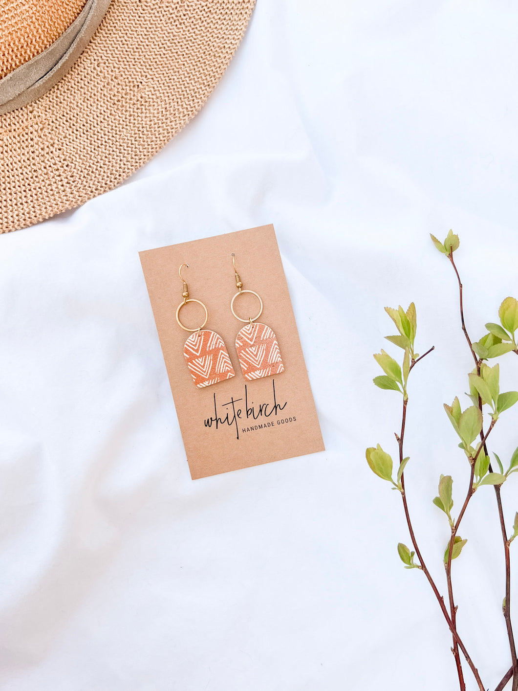 SALE - Orange and White Chevron Leather and Brass Circle Earrings