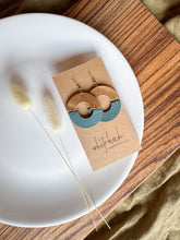 Load image into Gallery viewer, Distressed Camel &amp; Silver Pine Teal Leather Eclipse Statement Earrings
