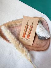 Load image into Gallery viewer, Burnt Orange Leather Earrings with Rectangle Brass Bar Accent
