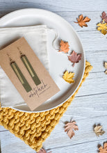 Load image into Gallery viewer, Army Green Leather Earrings with Rectangle Brass Bar Accent
