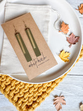 Load image into Gallery viewer, Army Green Leather Earrings with Rectangle Brass Bar Accent
