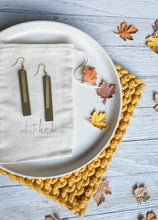 Load image into Gallery viewer, Army Green Leather Earrings with Rectangle Brass Bar Accent
