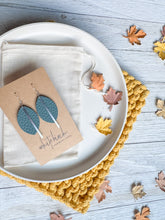 Load image into Gallery viewer, Silver Pine Teal Leather Petal and Silver Bar Earrings
