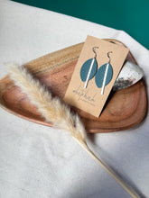 Load image into Gallery viewer, Silver Pine Teal Leather Petal and Silver Bar Earrings
