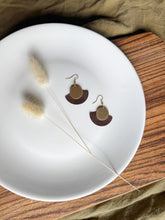 Load image into Gallery viewer, Coffee Bean Leather Fan &amp; Brass Disc Earrings
