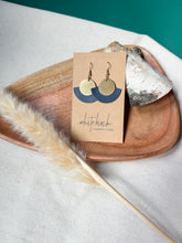 Load image into Gallery viewer, Night Sky Navy Leather Fan &amp; Brass Disc Earrings
