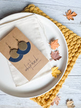 Load image into Gallery viewer, Night Sky Navy Leather Fan &amp; Brass Disc Earrings
