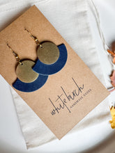 Load image into Gallery viewer, Night Sky Navy Leather Fan &amp; Brass Disc Earrings

